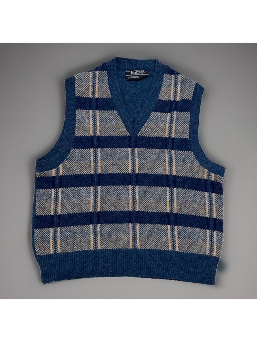Vintage Jantzen Plaid Knit Sweater Vest Mens Medium Blue USA V-Neck Grandpa Core